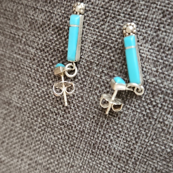 Gorgeous Native American Zuni Inlay Turquoise Dangle Earrings - Picture 7 of 9